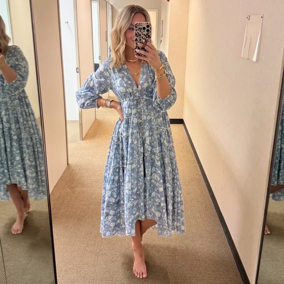 Free People Pappiet Cotton Midi Dress in Bluebell Combo L - Picture 5 of 9